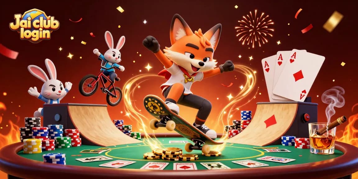Play thrilling games with Jai club login as cartoon characters celebrate in a vibrant casino scene.