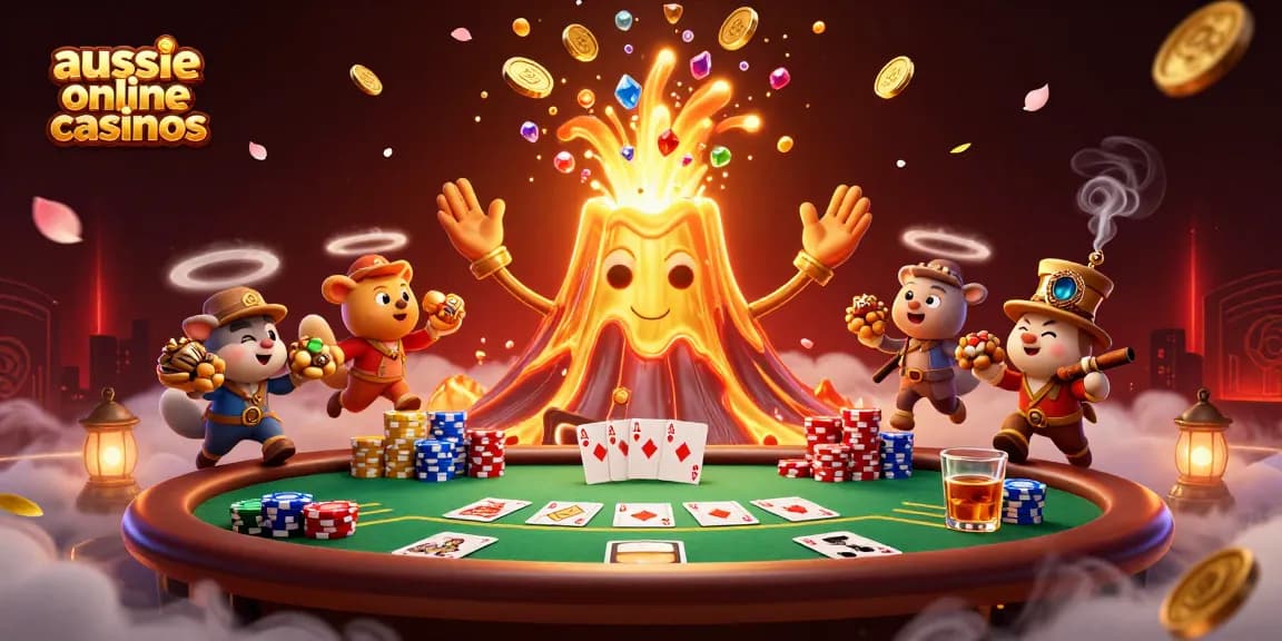 Aussie online casinos feature vibrant 3D characters, treasure, and poker elements in a dynamic casino scene.