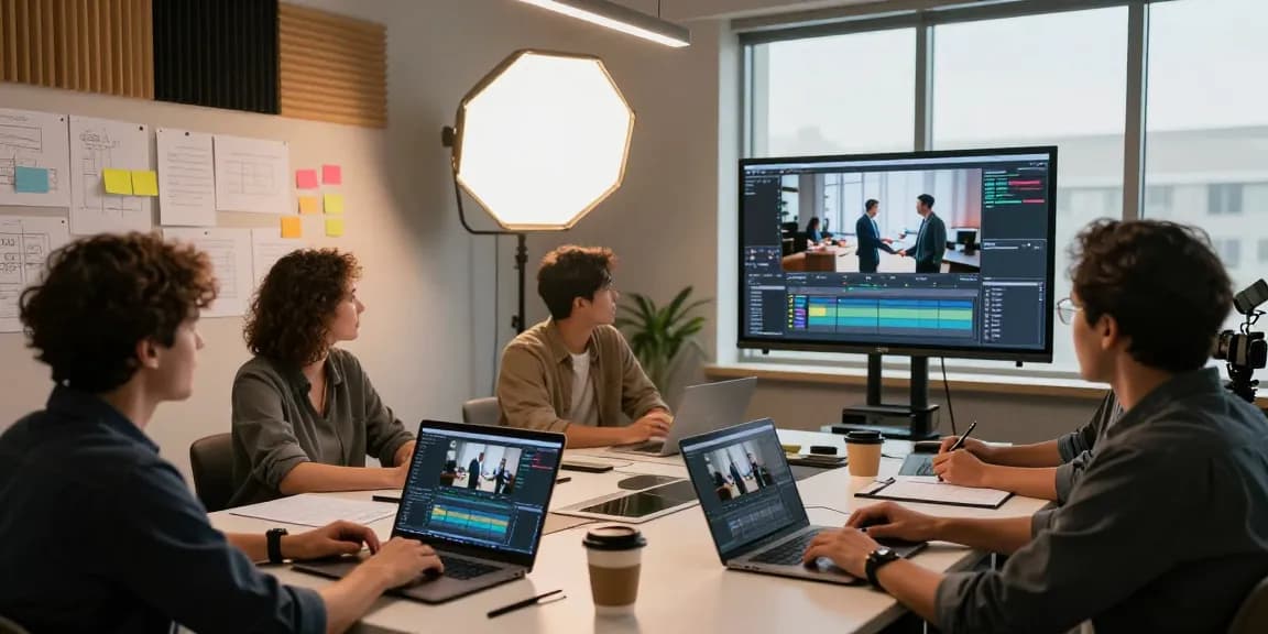 Engaging corporate video recording scene showcasing a creative team brainstorming ideas in Singapore.