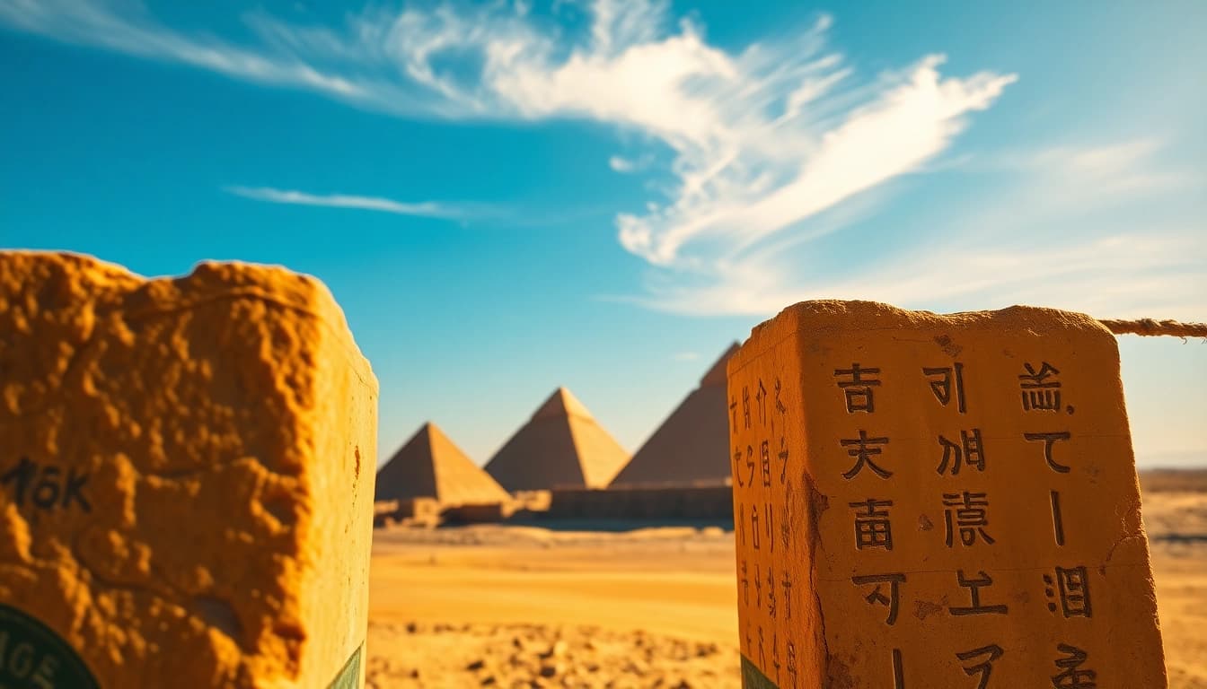 View of the majestic piraminds with ancient hieroglyphic stones in the foreground.