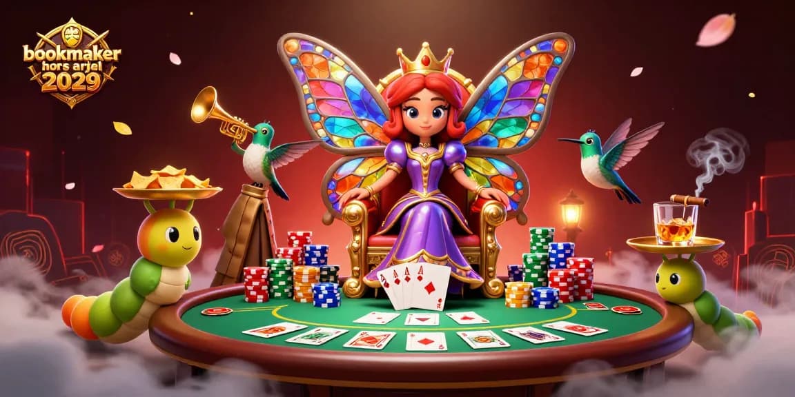 Découvrez les bookmakers hors ARJEL 2029 avec cette illustration de reine papillon aux ailes colorées, entourée de jetons de poker.
