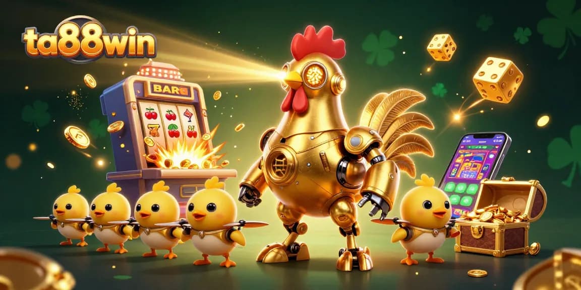Experience dynamic gaming action with ta88win's vibrant 3D casino illustration featuring a golden rooster robot.