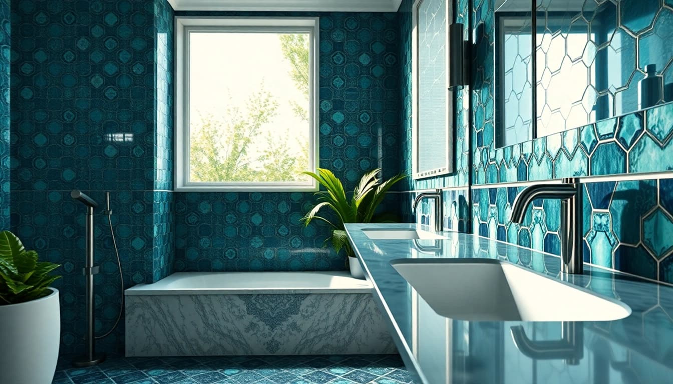 Carreaux Zellige dans une salle de bains moderne mettant en valeur des motifs complexes et des couleurs vives.