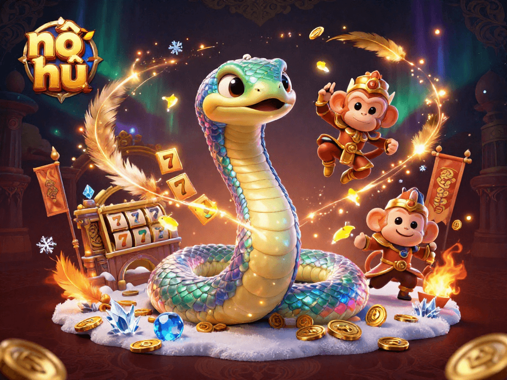 Engage with nổ hũ gameplay featuring dynamic slot reels and vibrant characters in a magical casino setting.