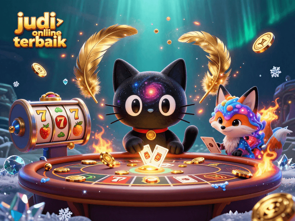 Permainan judi slot online terbaik dengan mesin slot dan kucing galaksi yang menarik chips emas.