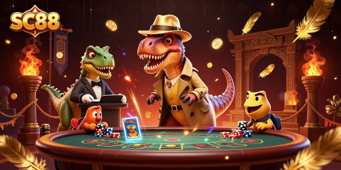 SC88 captures a velociraptor card counter amidst a vibrant casino scene filled with dynamic elements.