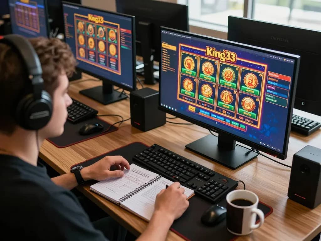 Engaged player experiencing king33 online casino games on multiple screens with vibrant graphics.