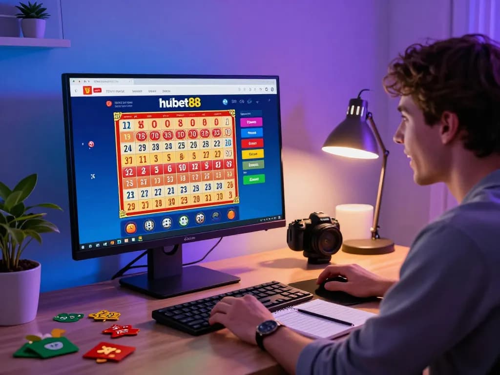 Engaged player exploring xổ số hubet88 online lottery strategies in a modern gaming setup with vibrant lottery displays.