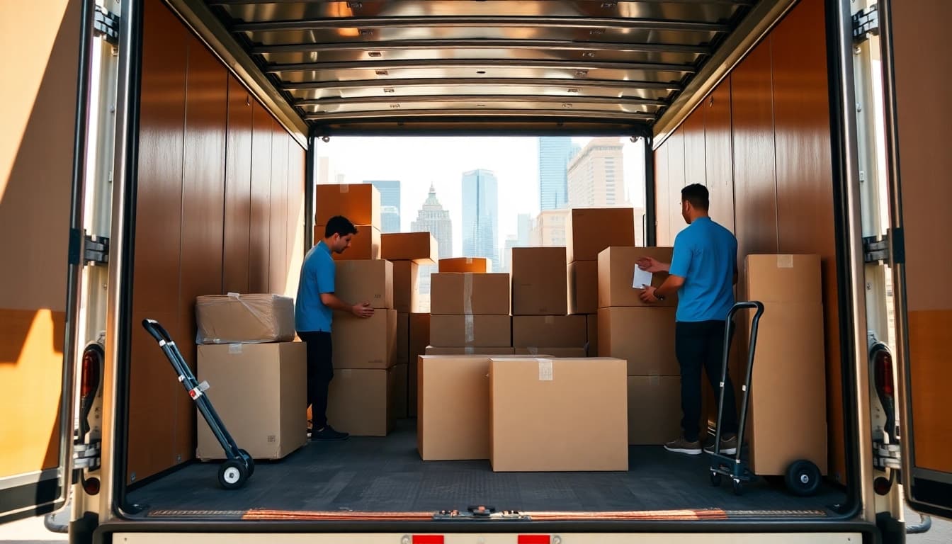 Movers in boston expertly loading a truck with boxes and furniture in a dynamic urban scene.