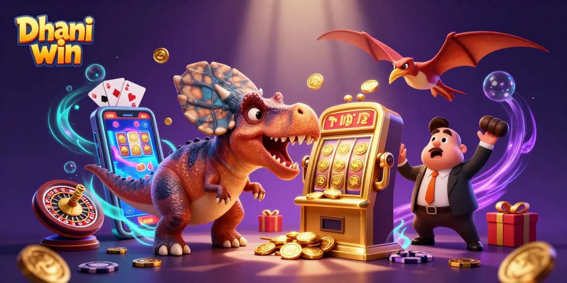 Dhani win animation with dinosaurs interacting with a slot machine amid floating coins and colorful gaming elements.