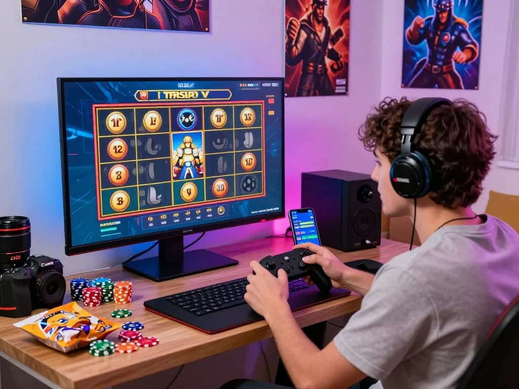 Excited player engaging in an online slot game bet 200 with vibrant setup and energetic atmosphere.