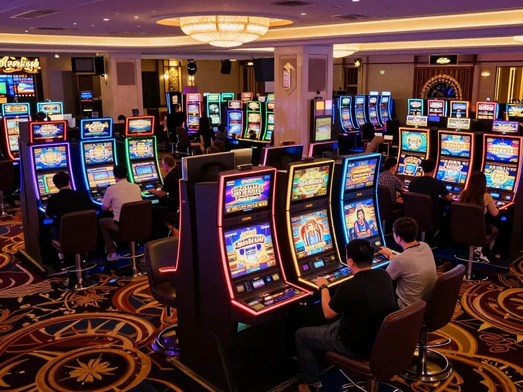 Experience the excitement of slot gacor hari ini on the casino floor, where players engage with vibrant slot machines.