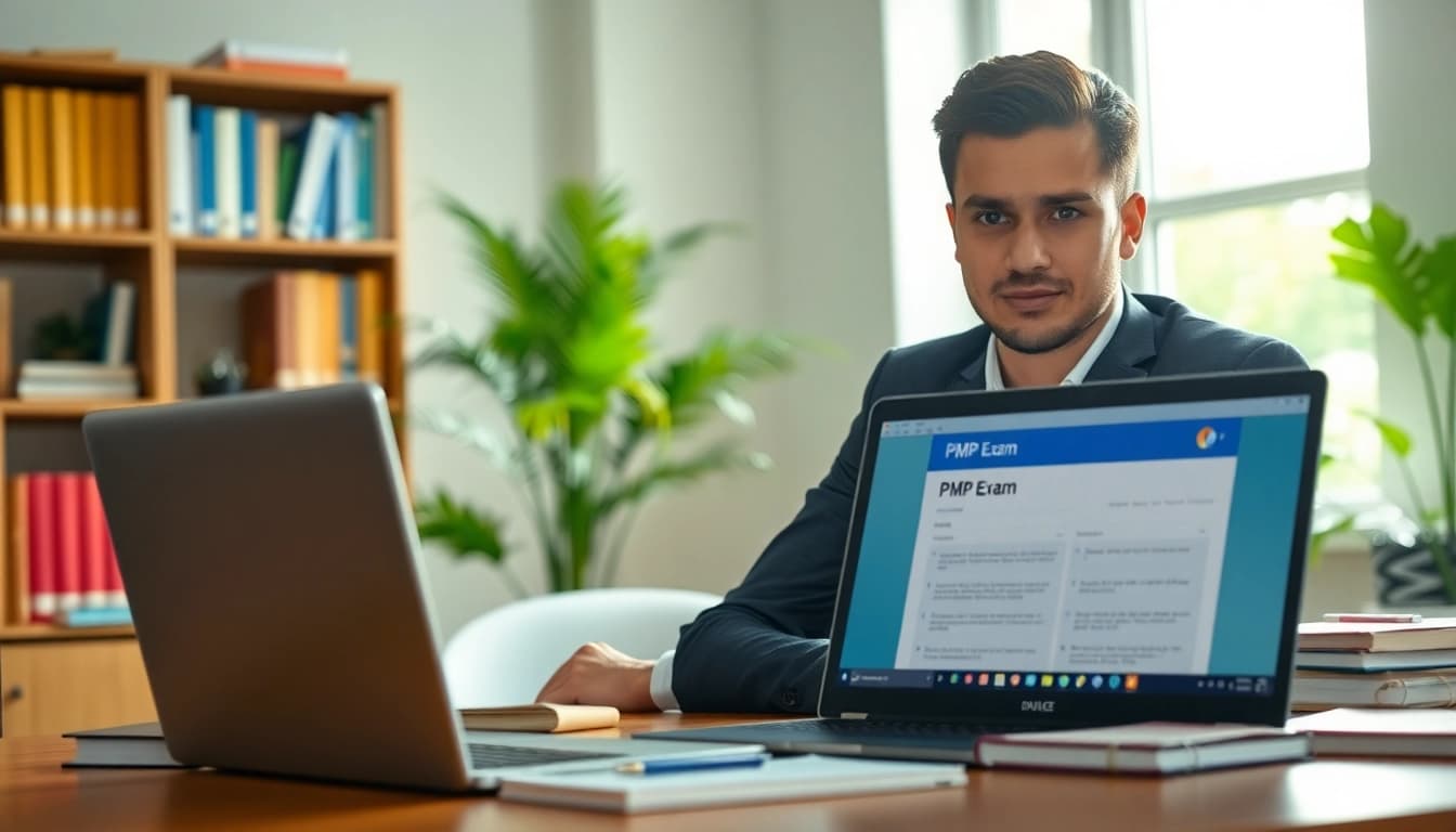 Study environment depicting someone preparing to pay someone to take my pmp exam with focused atmosphere.