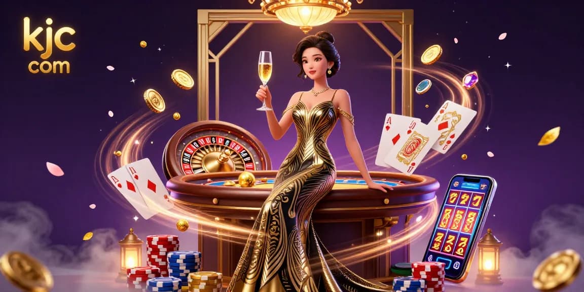 Experience the thrill of gaming with kjc com in a dazzling casino scene featuring an elegant Asian woman amidst gold coins and cards.