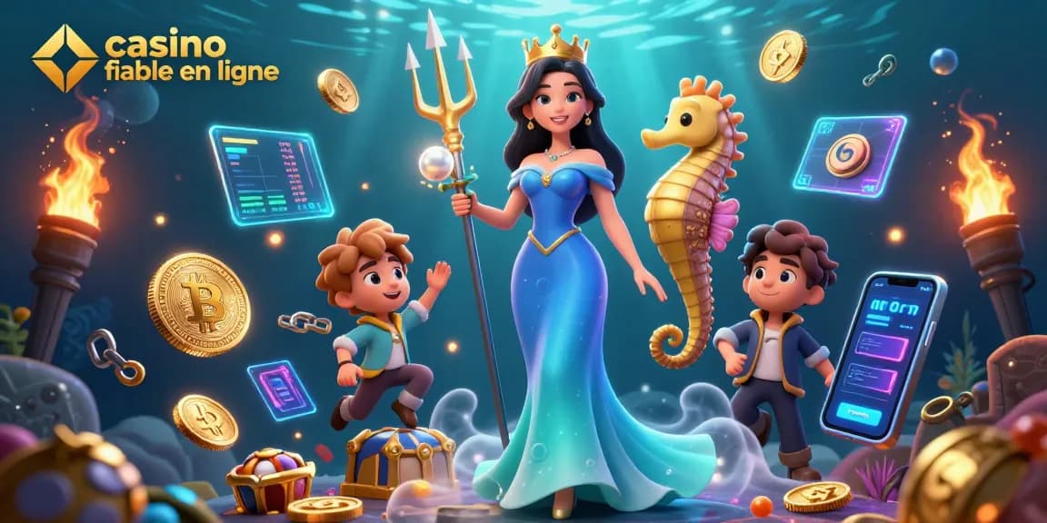 Découvrez l'excitation au casino fiable en ligne avec des personnages sous-marins vibrants et des éléments de cryptomonnaie.