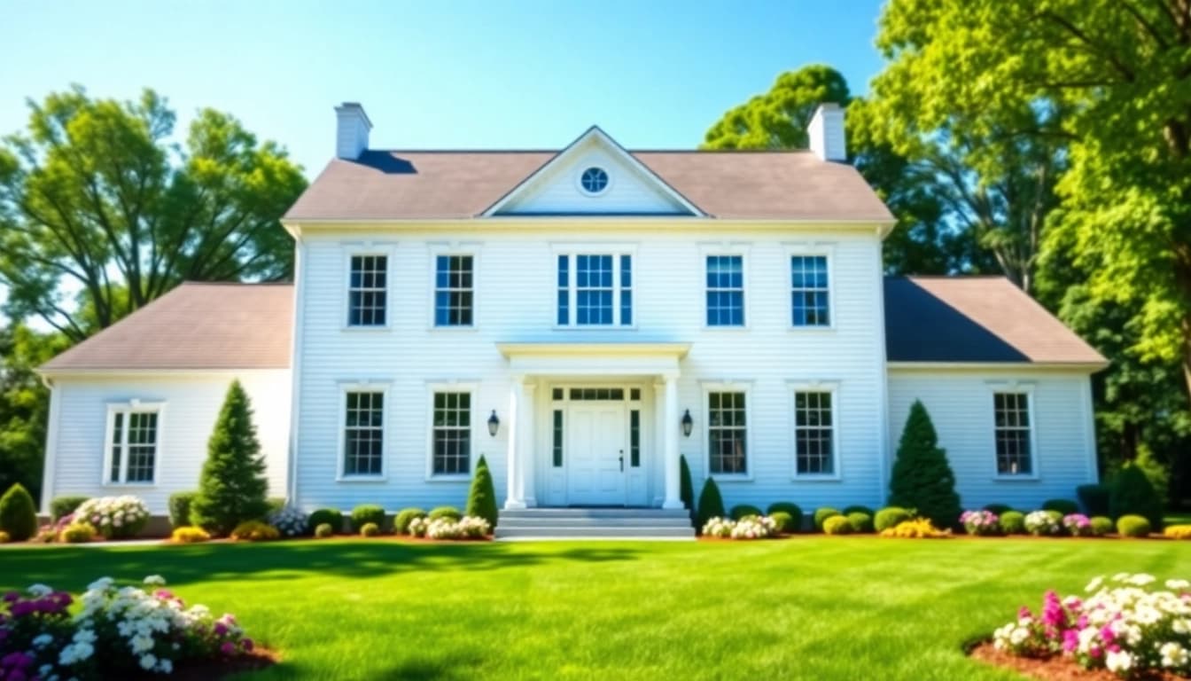 Beautiful colonial home build showcasing classic architecture and vibrant landscaping.