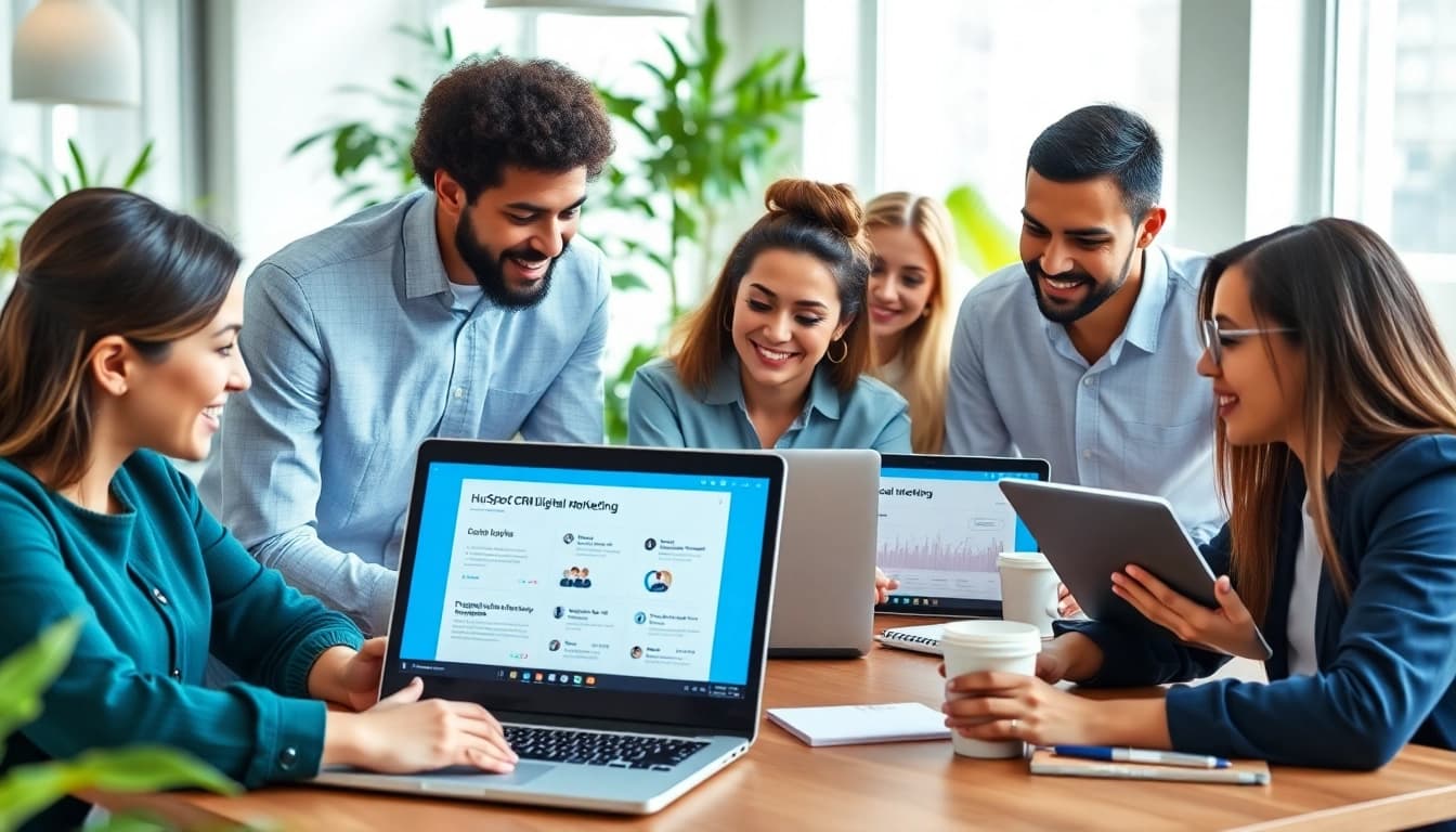 Engaged professionals using hubspot crm free in a bright office setting to enhance collaboration.
