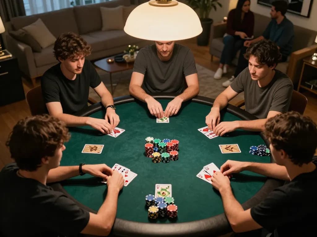 Players strategizing and placing bets at an LV88 poker table during a home game night.