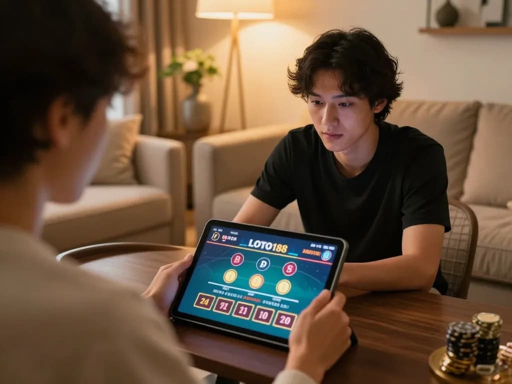 Player immersed in LOTO188 live casino game on tablet, enjoying a cozy home setting.