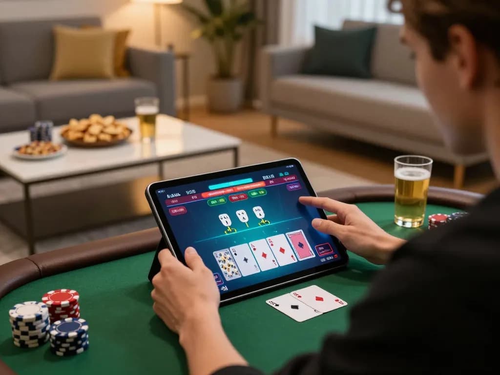 vt88 player engaging in online poker game on a tablet in a cozy living room setting