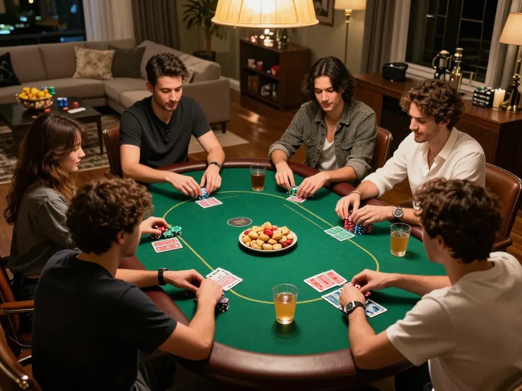 Players engaging in a high-stakes poker game at home, celebrating with slot777 resmi strategy for success.