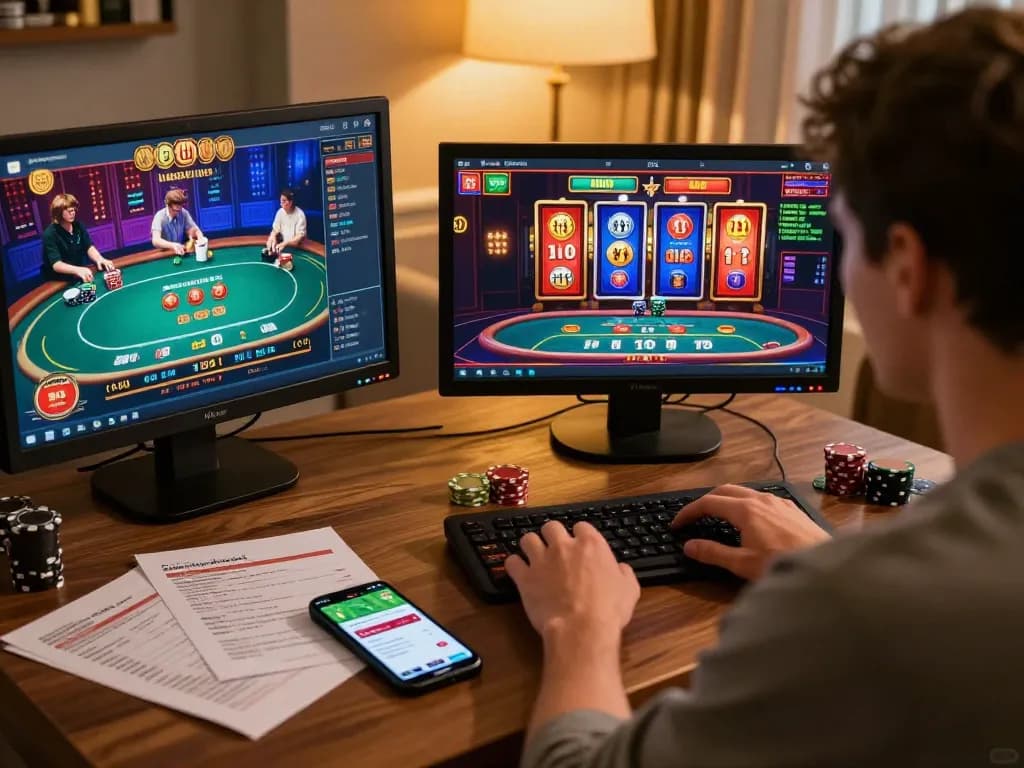 Engaging in online casino gaming at home with the g28 app on multiple screens.
