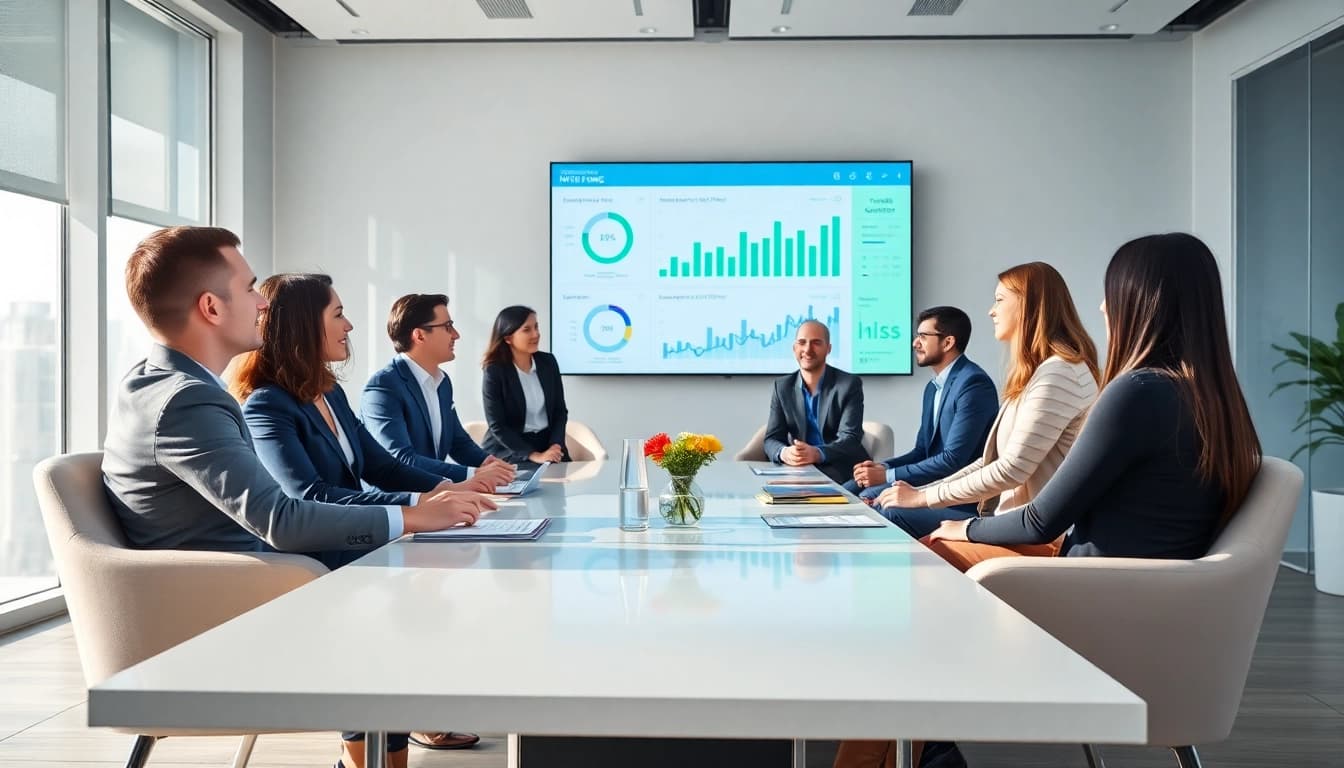 Engaged professionals discussing competitive intelligence faqs in a modern conference room.