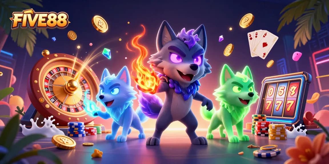 Engage with FIVE88's exhilarating casino experience featuring vibrant wolf characters amidst thrilling gaming elements.