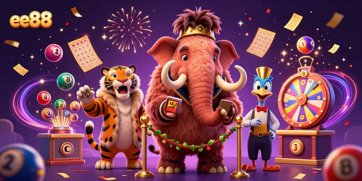 Experience the excitement of ee88 with a vibrant casino scene featuring colorful lottery balls and energetic characters.