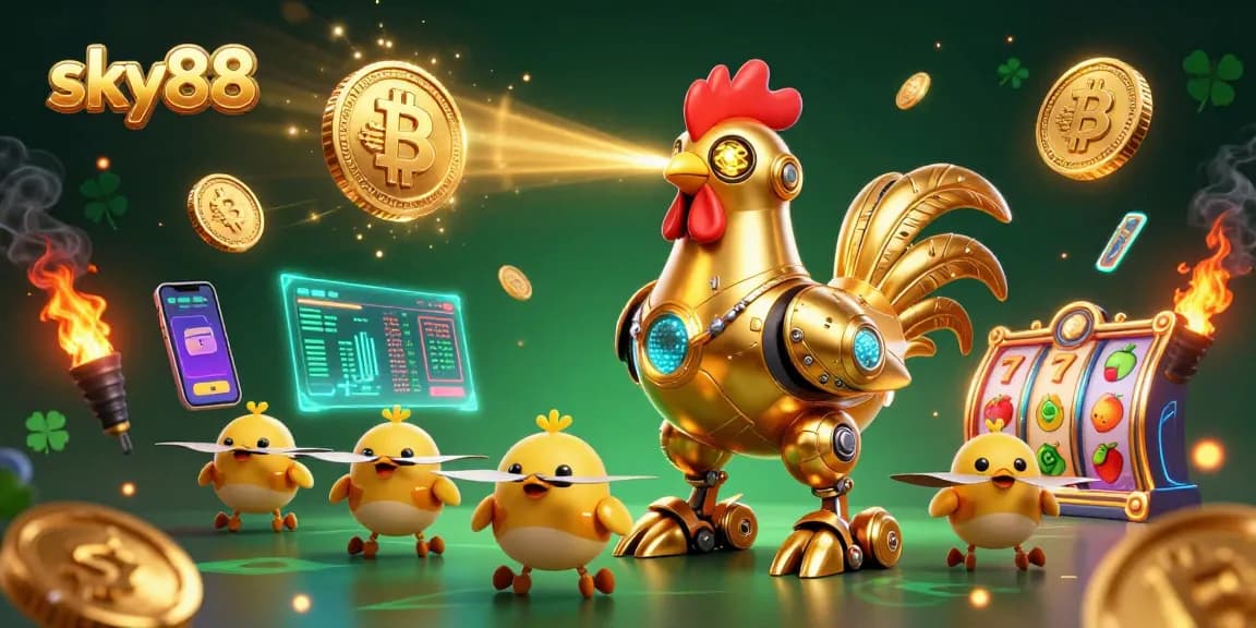 sky88 showcases a futuristic casino scene with a golden rooster robot and vibrant slot games.