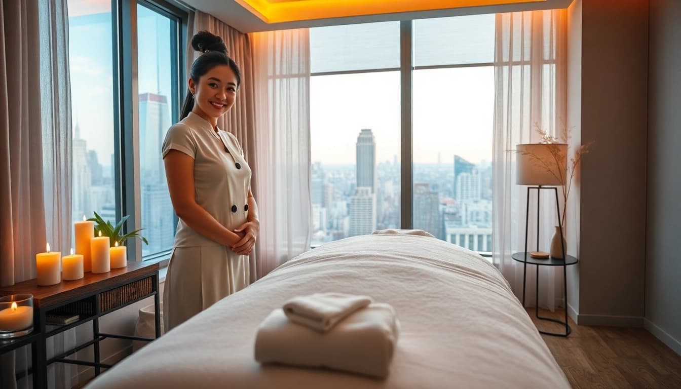 출장 therapy session in an elegant urban apartment with a professional massage therapist preparing for service.