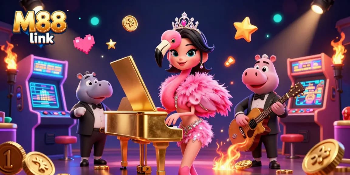 Engage with the vibrant M88 link world featuring colorful casino elements and lively characters.