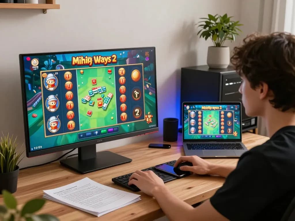 Engaging player enjoying Mahjong Ways 2 slot game on a sleek home office setup