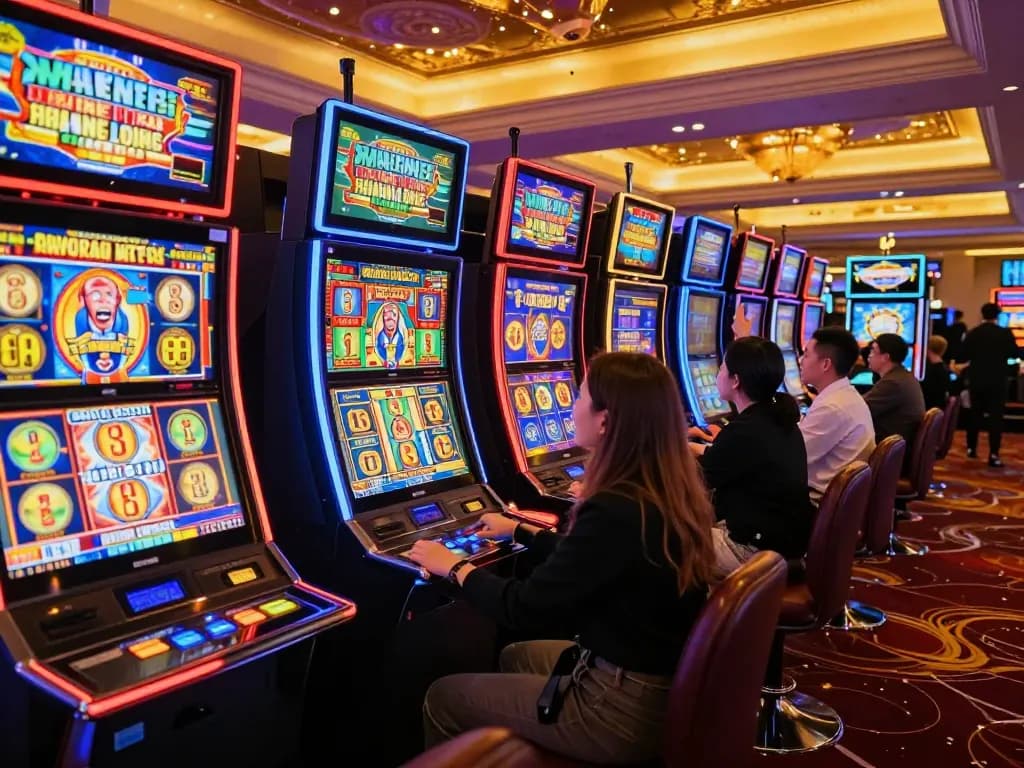 Situs slot gaming excitement with players celebrating wins at vibrant machines in a luxurious casino.