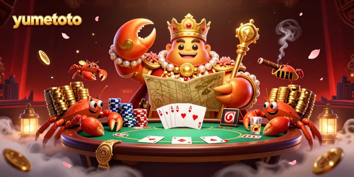 Engage with yumetoto's thrilling visual of a golden crab emperor amidst vibrant casino elements.