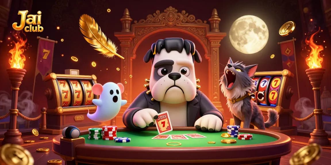 Engage in thrilling games at Jai club with a lively 3D scene featuring a Frankenstein bulldog dealer and a werewolf kitten.