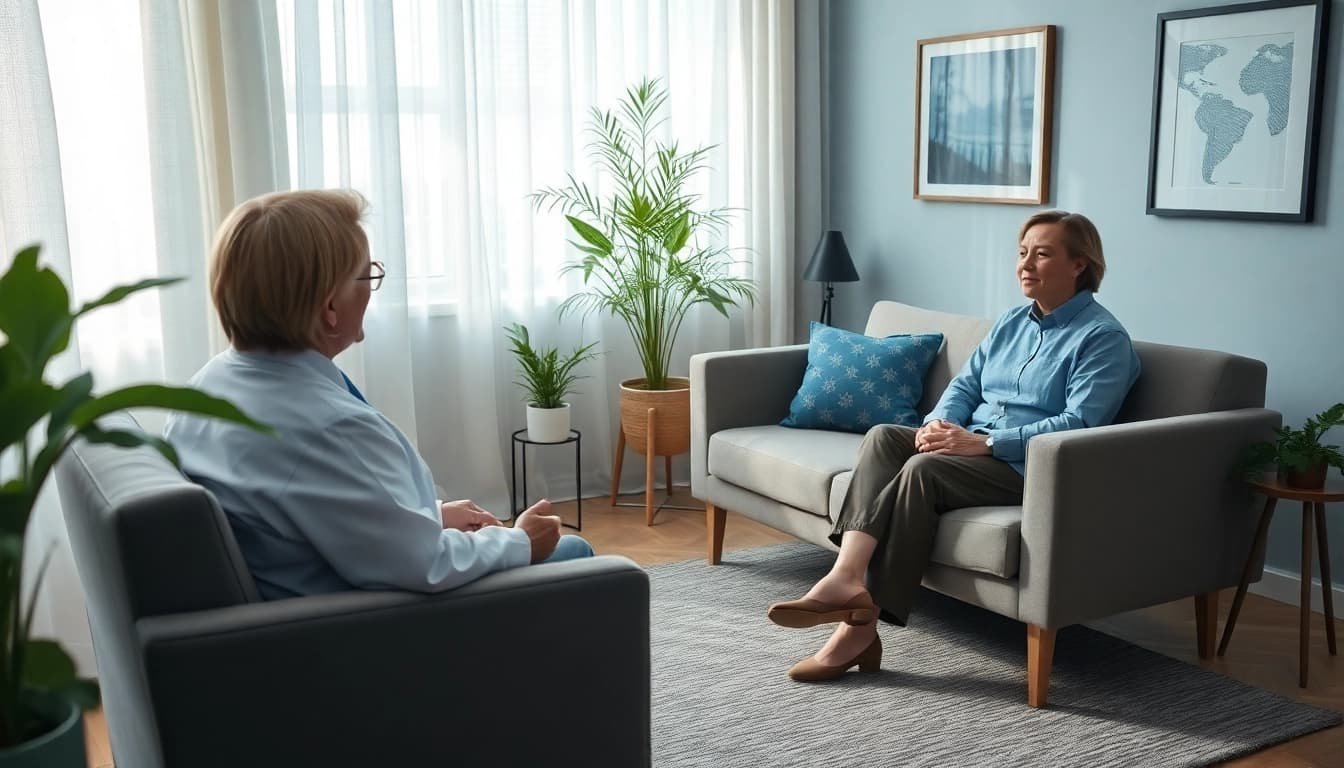 Engaging psychiatrist dubai in a tranquil therapy room, fostering a sense of comfort and trust.