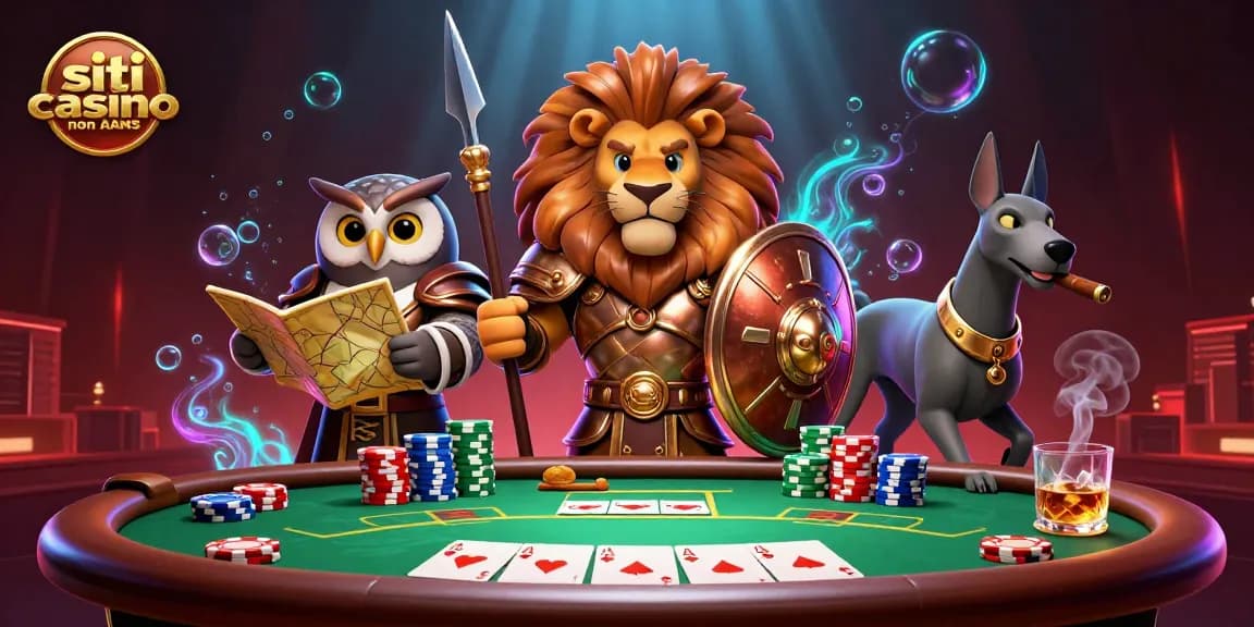Interagisci con i siti casino non AAMS attraverso una scena di poker emozionante in un'illustrazione 3D ultra-dettagliata.