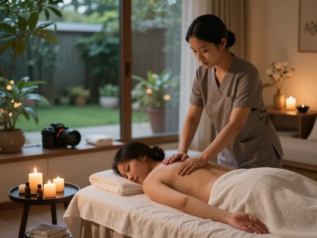 Relaxing massage scene showcasing maxim-anma.net's tranquil home spa experience with professional therapist and soothing ambiance.