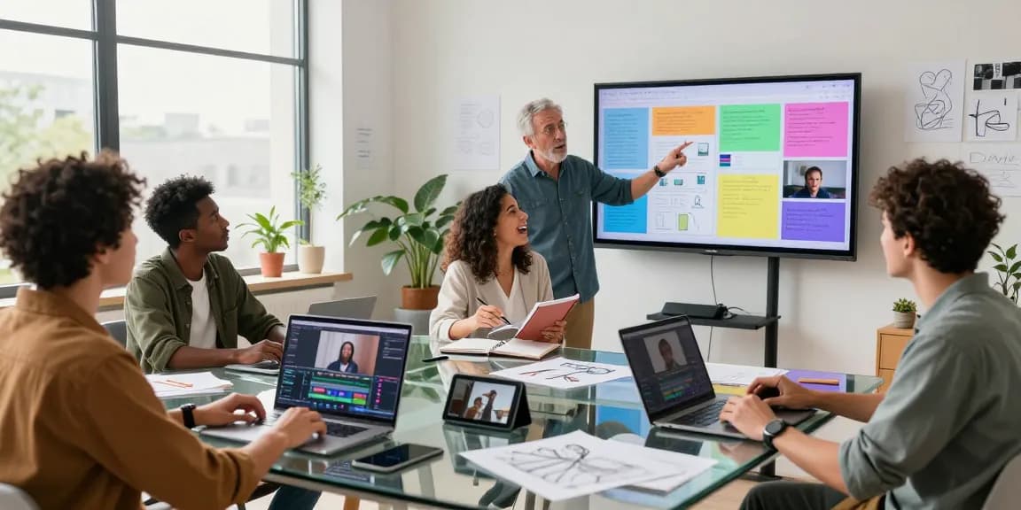 Dynamic creative team collaborating with Seedance AI video projects in a modern office.