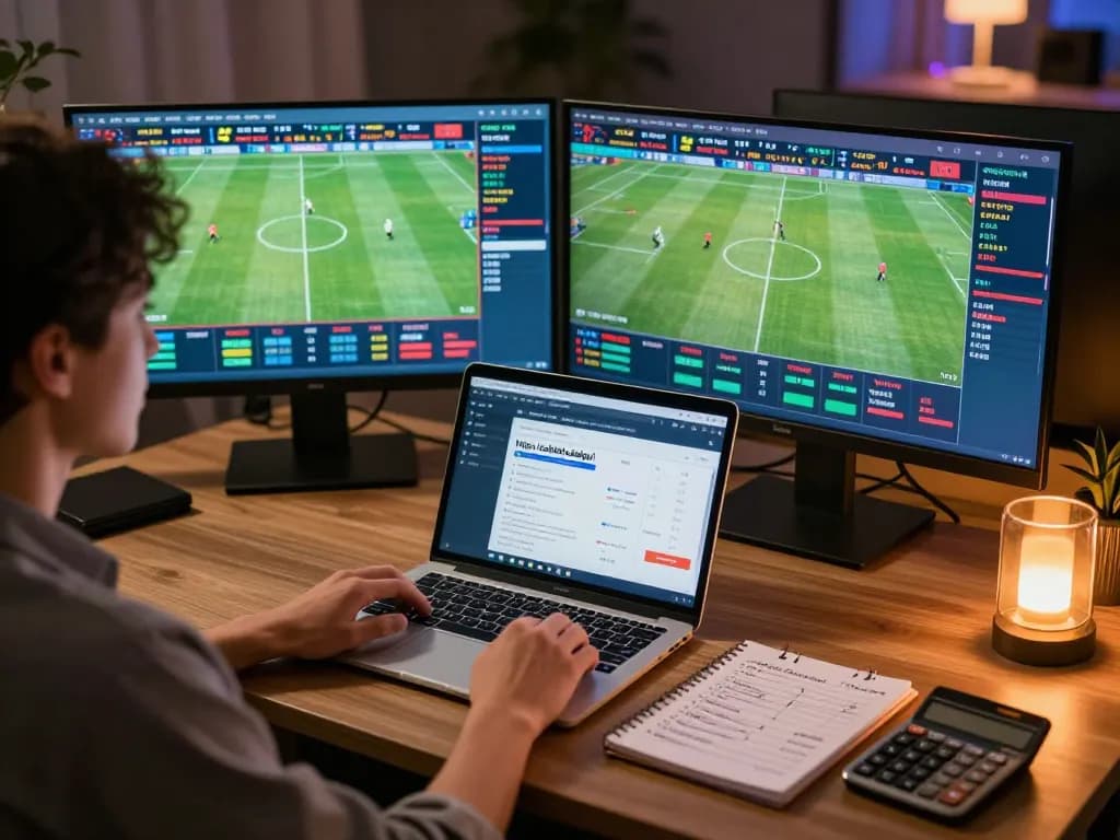 Person betting online at https://cakhiatv.design/ with laptops and notes in a cozy home office.