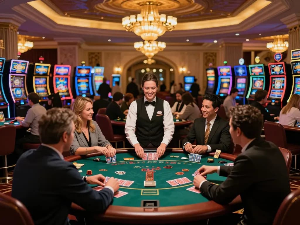 Excited players engaging in blackjack at a luxurious casino table while exploring หนังใหม่ชนโรง strategies.