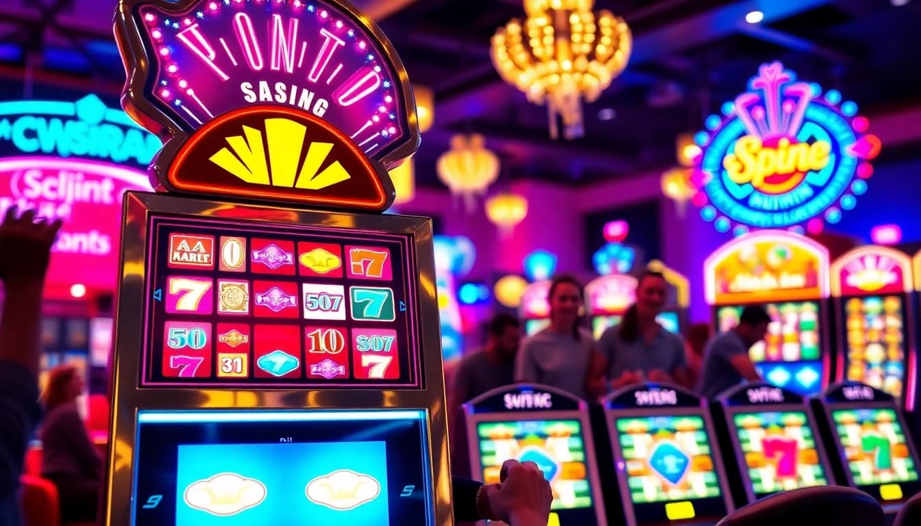 Bermain slot777 di mesin slot yang berkilauan dalam suasana kasino yang meriah.