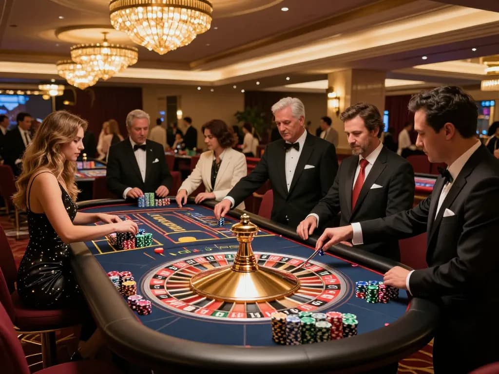 nhà cái 388bet players watching a roulette wheel spin in a luxurious casino setting
