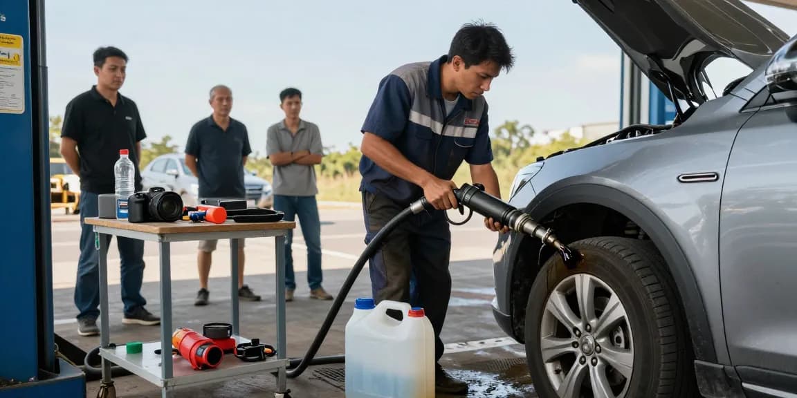 Adblue in diesel car fuel drainage service by expert technician in automotive scene
