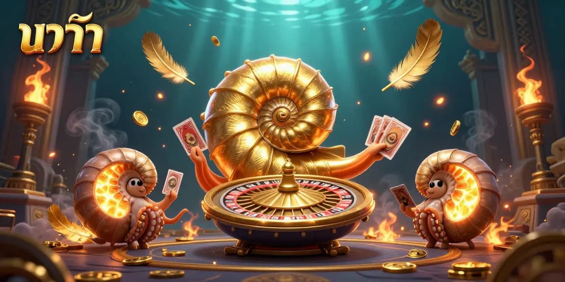 Play บาคาร่า in a dynamic casino scene with a giant nautilus and glowing ammonites.
