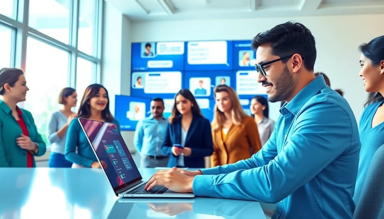 Engage with free ai chat platform in a modern office setting featuring diverse users and digital interfaces.