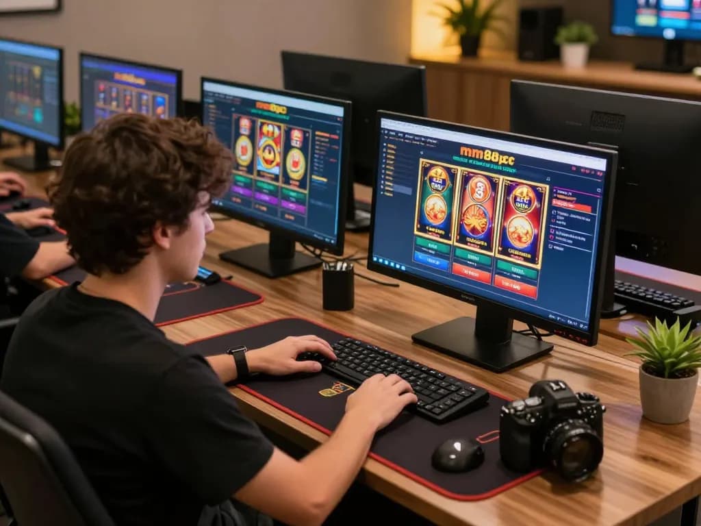 Enjoying strategic gameplay on mm88pc gaming setup with multiple devices showcasing vibrant casino games.