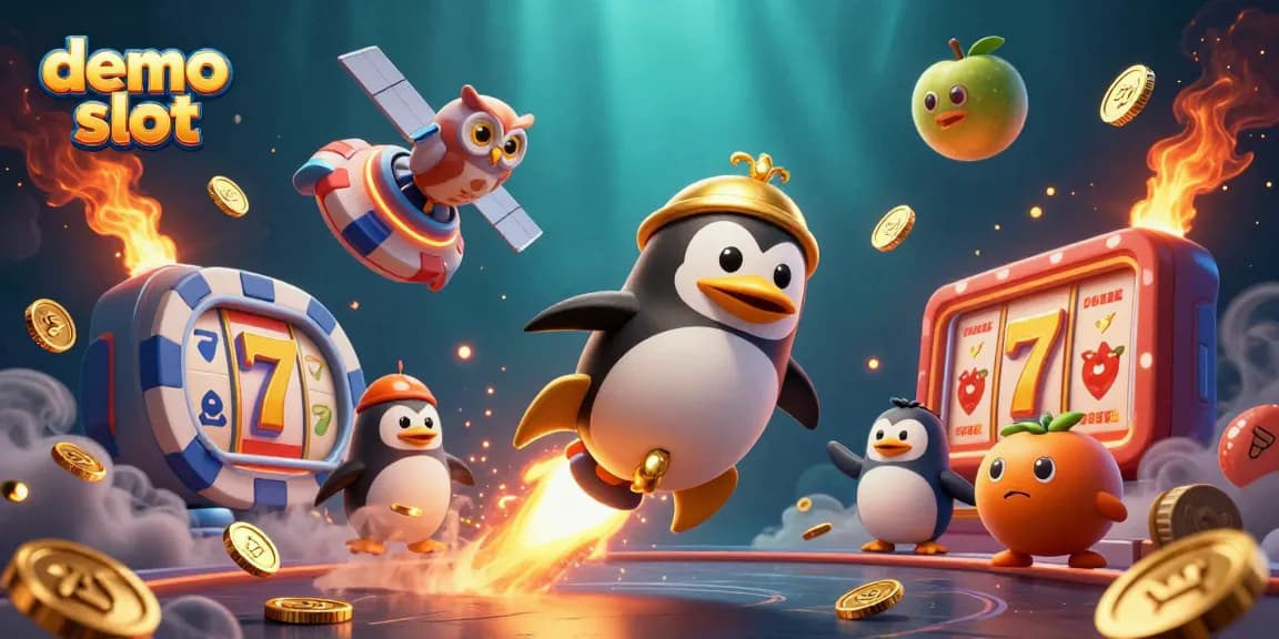 Experience demo slot action with a golden penguin and casino elements amidst a vibrant cosmic backdrop.