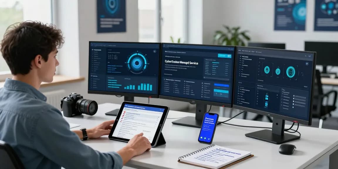 Cyber essentials managed service in a modern cybersecurity workspace with a technician analyzing compliance data on multiple monitors.